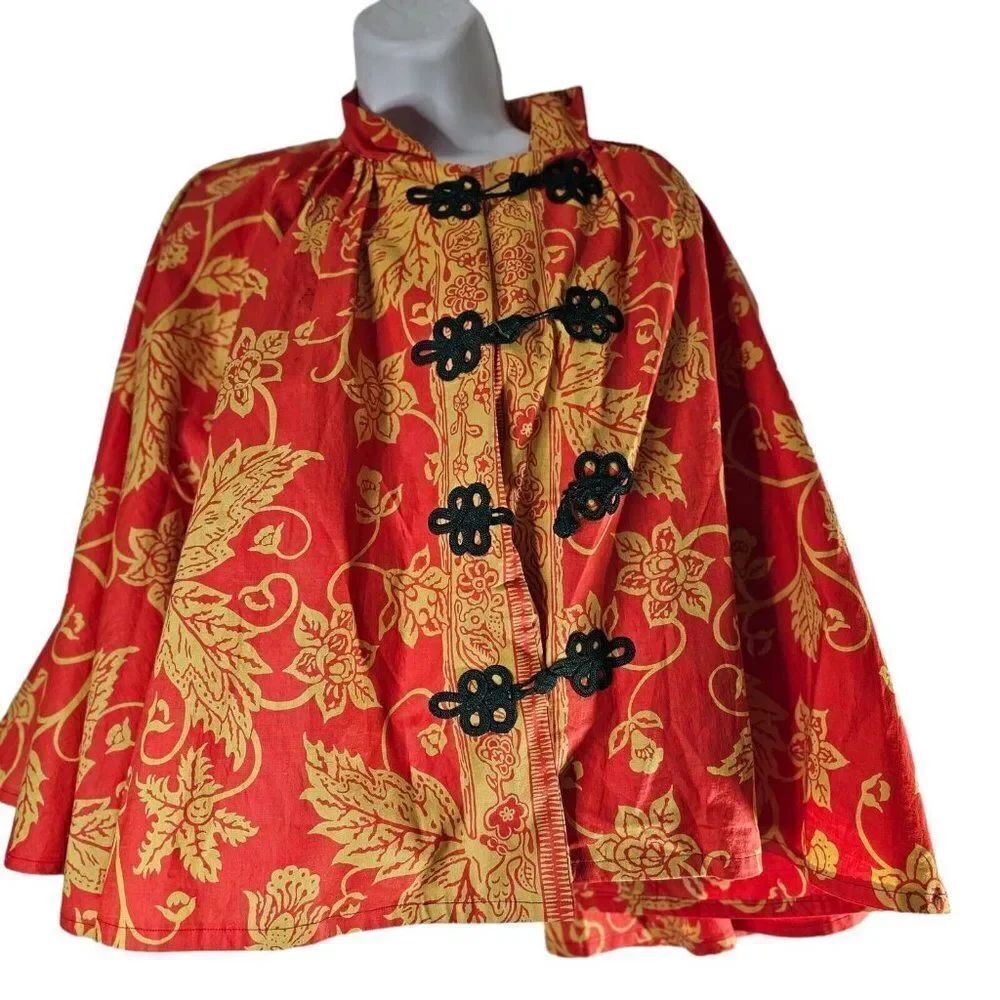Vintage 60s Chinese Cape Womens Size Small Red Yellow Frog Button